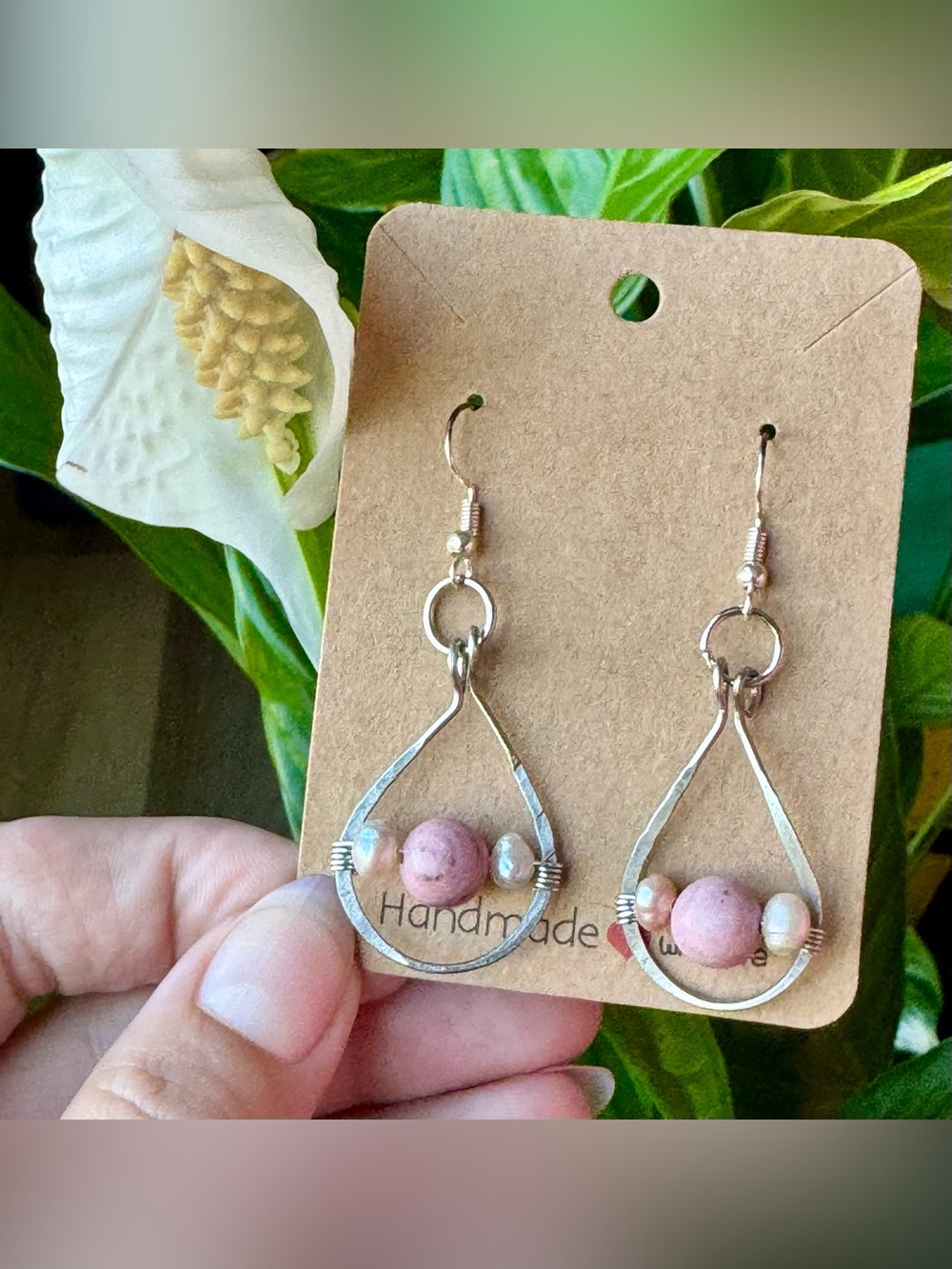 Handmade RHODOCHROSITE + FRESH WATER PEARL Silver Teardrop Earrings